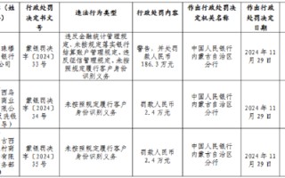 内蒙古西乌珠穆沁农村商业银行被罚186.3万元：违反金融统计管理规定、未按规定落实银行结算账户管理规定等