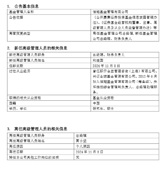 恒越基金高管变更：黄小坚结束4年4个月任期 郑继国升任总经理兼财务负责人-第1张图片-特色小吃