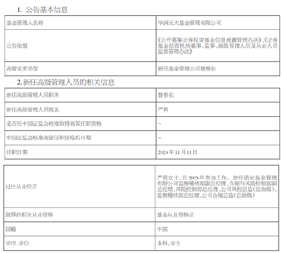 华润元大基金新任严莉为督察长 曾任职于诺安基金-第1张图片-特色小吃