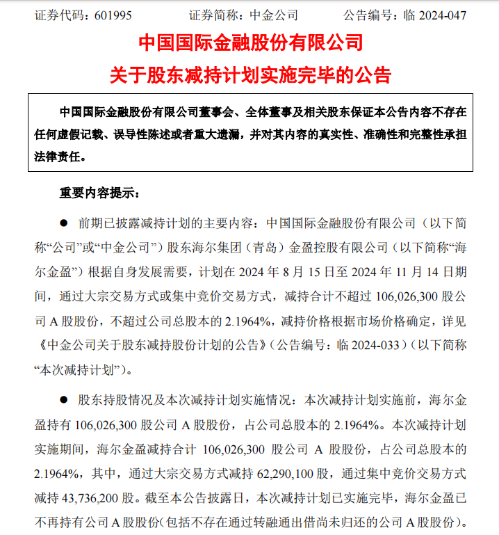 二股东海尔金盈清仓减持中金公司，历时两年套现143亿-第1张图片-特色小吃