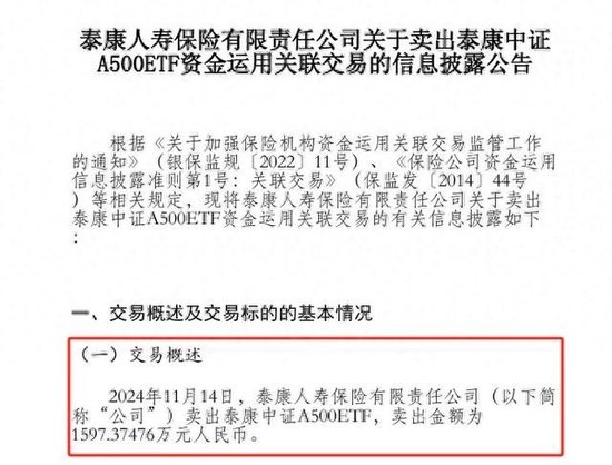 泰康人寿首度披露卖出泰康中证A500ETF 涉资近1600万元 此前20日内连续5次买入-第1张图片-特色小吃